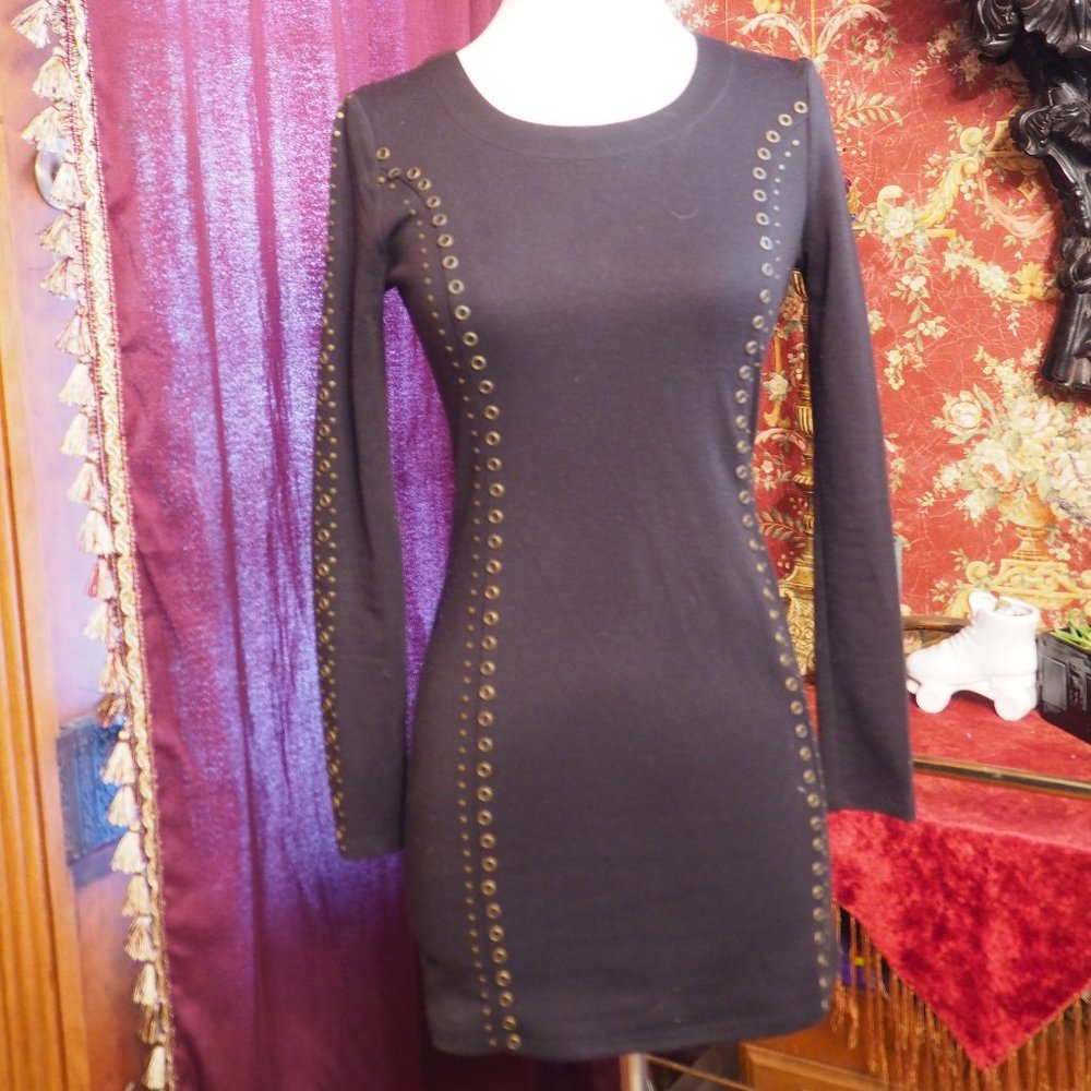 Black Long Sleeve Body Con Studded Dress | Lucca Couture XS